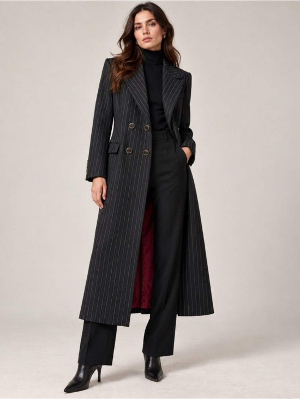 Zara A/W 2019 Pinstripe Double Breasted Long Tailored Coat Black Size L Fits M